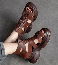 Genuine Leather Women Casual Shoes EM716 Retro Wedges Handmade Weave Sandals | Touchy Style Casual Leather Lace-up Sandals With Round Toe, Casual Leather Lace-up Sandals, Casual Closed Toe Lace-up Leather Sandals, Casual Flat Leather Lace-up Sandals, Casual Leather Lace-up Closed Toe Sandals, Spring Leather Lace-up Sandals With Round Toe, Leather Lace-up Sandals With Round Toe For Summer, Trendy Leather Lace-up Open Toe Sandals, Trendy Open Toe Leather Lace-up Sandals