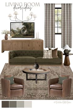 the living room is decorated in neutrals and browns, including two couches and chairs