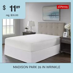 Give your bed the perfect finish with the Madison Park simple fit wrap-around adjustable bed skirt. The bed skirt features a hidden fabric band with a non-skid backing to keep it in place. Simply tuck and fold the bed skirt along the edge of the box spring to find the proper fit for your bed, creating a clean finished edge. Wrinkle resistant and easy to adjust, this bed skirt is one-size-fits-all and has a 26-inch drop that drapes perfectly to complete your bedding set.26" DropOne size fits all… Bed Skirt Ideas, White Bedding Ideas, Adjustable Bed, Bed Skirts, Simple Fits, Bed Skirt, The Madison, Madison Park, Adjustable Beds