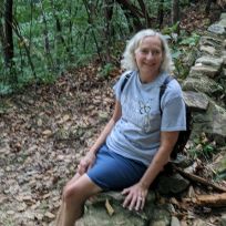 a woman sitting on top of a pile of rocks in the middle of a forest