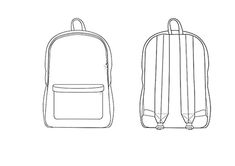 a line drawing of a backpack with the front and back sides facing each other,