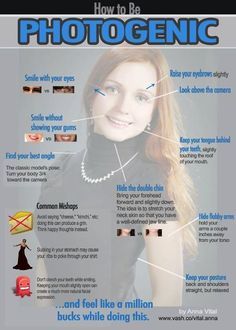 a woman with long red hair wearing a black dress and silver necklace is featured in the magazine how to be photogenic