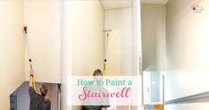 two women are painting the walls in a bathroom and one is holding up a paint roller