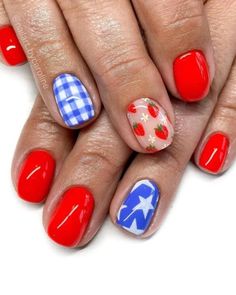 Explore 28 stunning 4th of July nail art ideas, just like these short red and blue nails with strawberries and stars! From subtle designs to striking accents, these nails are perfect for adding a patriotic touch to your summer look. Daisy Nails, Striped Nails