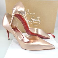 Nwt$900 Louboutin Iriza 85 Leche Silk Satin Metallic Leather Heel Pumps Sz 38.5 Color Leche (Rose Gold Pink) Gold Pink Laminated Leather Dcollet From Christian Louboutin. Lined Interior. Composition: Leather, Silk, Satin 85mm Heel (3.5") Sole: Leather Insole And Sole Pointed Toe Made In Italy Brand New!!! 100% Authentic With Original Box And Dustbags!! Tags: Fall, Autumn, Halloween, Winter, Christmas, Holidays. Spring, Summer. Mothers Day! Birthday Gift Anniversary Gift, Valentine's Gift, Christ Rose Gold 4-inch Heels For Formal Occasions, Luxury Red-sole Heels For Wedding, Rose Gold Heels With 4-inch Heel For Formal Occasions, Formal Rose Gold Heels With 4-inch Heel, Luxury Wedding Heels With Red Sole, Elegant Rose Gold Heels With Pointed Toe, Elegant Rose Gold Heels With Round Toe, Elegant Rose Gold Pointed Toe Heels, Luxury Champagne Heels With Almond Toe