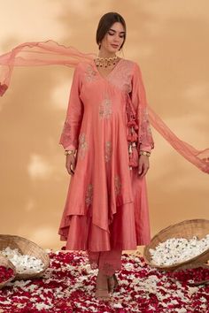 Pink angrakha anarkali with floral embroidery. Paired with a pant and dupatta with floral embroidery work. - Aza Fashions Long Sleeve Slub Silk Anarkali Set For Festivals, Navratri Long Sleeve Anarkali Set With Gota Work, Long Sleeve Gota Work Choli For Eid, Long Sleeve Anarkali Set With Gota Work For Navratri, Long Sleeve Choli With Gota Work For Eid, Anarkali Long Sleeve Kurta With Gota Work, Anarkali Kurta With Gota Work And Long Sleeves, Navratri Anarkali Set With Gota Work And Long Sleeves, Raw Silk Long Sleeve Anarkali Set With Pallu