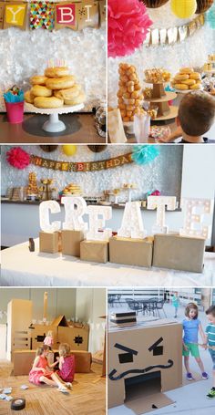 a collage of photos with donuts, cake and other things to make it look like they are made out of cardboard boxes