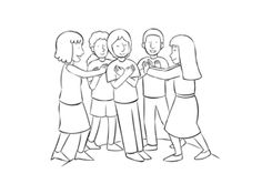 a group of people standing around each other with their arms wrapped around one another and holding hands in the other hand