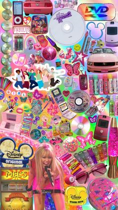 the collage has many different items and colors on it, including an ipod phone