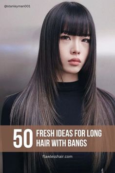 Chic long hair with tapered layers and straight fringe, a trendy option for various face shapes and styles. Bangs With Long Hair, Long Fringe Hairstyles, Perfect Bangs, Ideas For Long Hair, Short Hairstyle Ideas, Long Hairstyle Ideas, Haircuts For Long Hair With Layers, Straight Hair Cuts, Tapered Haircut