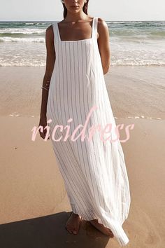 Simple and Stunning Linen Blend Pinstripe Detail Square Neck A-line Maxi Dress Striped Maxi Dress With Vertical Stripes For The Beach, Striped Maxi Dress For The Beach, Striped Summer Maxi Dress For Day Out, Chic Maxi Dress With Vertical Stripes For Vacation, Summer Striped Maxi Dress For Day Out, Spring Vertical Striped Maxi Dress, Casual Vertical Stripes Maxi Dress For Beach, Casual Maxi Dress With Vertical Stripes For The Beach, Casual Striped Maxi Dress For The Beach