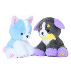 two stuffed animals sitting next to each other on a white background, one is blue and the other is gray