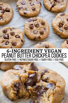 chocolate chip cookies with the words g - ingredient vegan peanut butter chickpea cookies