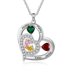 two hearts necklace with names and three stones