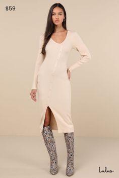 Prepare for a season of looking flawless in the Lulus Demure Attitude Beige Ribbed Asymmetrical Midi Sweater Dress! Soft and stretchy ribbed knit shapes this sweater dress that has a comfy, long sleeve bodice with a stylish asymmetrical V-neckline. The figure-skimming silhouette features an asymmetrical, decorative button placket that continues down to a flirty front slit at the midi hem. Pair to perfection with anything from ballet flats to boots! Fit: This garment fits true to size. Length: Mi Boots Fit, Midi Sweater Dress, Sweater Dress Midi, Chic Dress, Winter Dresses, Stretchy Fabric, Button Placket, Custom Fit, Ballet Flats