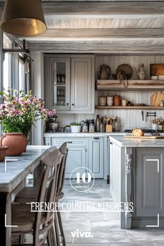 an image of a kitchen setting with the words french country kitchens on it's side