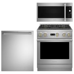 two ovens, one stove and the other microwave are shown in three different positions