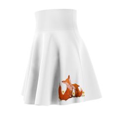 A versatile fit AOP skater skirt with a cozy, soft touch and a casual look. Inspired by the freedom of creativity, it will instantly become your everyday favorite.\n.: 95% Polyester 5% Spandex\n.: Versatile fit\n.: Printed on care label in black color\n.: White thread color Features an adorable fox mom and kit for a cute fun woodsy look. Cute Fitted Flared Mini Skirt, Playful White Fitted Skirt, Playful Stretch Skirt For Spring, Cute Fitted Flared Skirt, Fox Kit, Fox Family, Family Women, Cute Fox, Summer Skirts