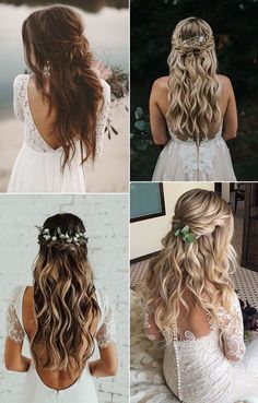 four pictures of different hairstyles and hair styles for the bride to wear on her wedding day