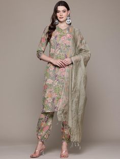 Floral Printed Sequinned Pure Cotton Kurta With Harem Pants & Dupatta PRODUCT DETAILS  Olive green printed Kurta with Harem Pants with dupatta Kurta design: Floral printed Straight shape Regular style V-neck, three-quarter regular sleeves Sequinned detail Calf length with straight hem Pure cotton machine weave fabric Harem Pants design: Printed Harem Pants Elasticated waistband Slip-on closure Size & Fit The model (height 5'8) is wearing a size S Material & Care Kurta Fabric: Pure Cotton Bottom Green Printed Cotton Pants, Green Floral Print Pant Set For Spring, Green Printed Dupatta, Green Festive Pant Set For Spring, Traditional Green Pant Set With Floral Embroidery, Fitted Green Cotton Palazzo Set, Spring Green Embroidered Palazzo Set, Fitted Green Cotton Pant Set, Green Fitted Cotton Pant Set