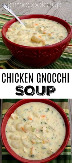 chicken gnocchi soup in a red bowl