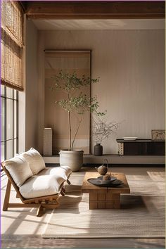 a living room filled with furniture and a potted tree in the middle of it