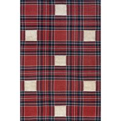 a red and black plaid rug with white patches on the bottom, in front of a white background