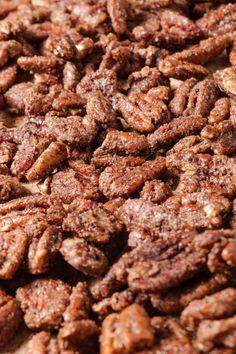 a close up view of some pecans on a table