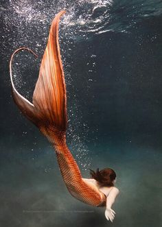 a mermaid swimming in the ocean with her tail curled up to look like a fish