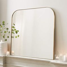 a mirror sitting on top of a mantle next to candles and a potted plant