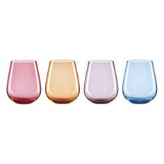 four different colored wine glasses lined up in a row