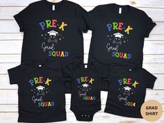 three black shirts with the words prek and squad on them, one is wearing a graduation