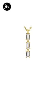 Bella Luce �� white diamond simulant 0.79ctw baguette, Eterno��� 18k yellow gold over sterling silver pendant with chain. Pendant measures approximately 0.75"L x 0.13"W and has a 1mm bail. Includes an 18" cable chain with a spring ring closure. The diamond equivalent weight is 0.60ctw. Baguette Cubic Zirconia Jewelry With Prong Setting, White Baguette Fine Jewelry, 14k Gold Baguette Brilliant Cut Jewelry, 14k Gold Baguette Jewelry With Brilliant Cut, Baguette-shaped Yellow Gold Jewelry As A Gift, Yellow Gold Baguette Jewelry With Diamond Accents, Baguette Cubic Zirconia Jewelry Gift, Baguette Shaped Jewelry With Prong Setting As A Gift, Baguette Diamond Cut Jewelry Gift