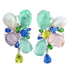 Reminding us of luxury tropical island getaways - #MargotMcKinney high #jewellery #earrings set with African #Paraiba -like #tourmalines totalling 62.65ct, #sapphires, tsavorite #garnets, #diamonds and South Sea #pearls.  See more at www.thejewelleryeditor.com #shangrilagems #paraiba #turquoise Pearl Baroque, Titanic Jewelry, High Jewelry Ring, Paris Couture, High Jewellery, Tourmaline Earrings, Jewelry Pearl