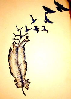 a drawing of a feather with birds flying around it