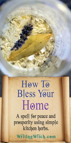 a glass jar filled with rice and lavenders on top of a wooden sign that reads, how to bliss your home