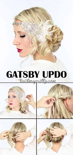 gatsby updo Gatsby Updo, Gatsby Hairstyles, Sanggul Cepol, Flapper Girl Costumes, Flapper Hair