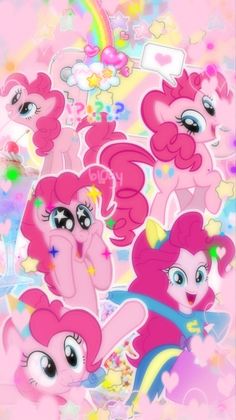 the pinkie ponies are surrounded by stars and rainbows