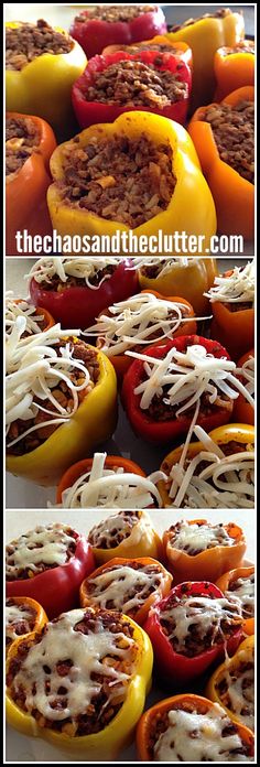 stuffed bell peppers with cheese and ground beef are ready to be cooked in the oven