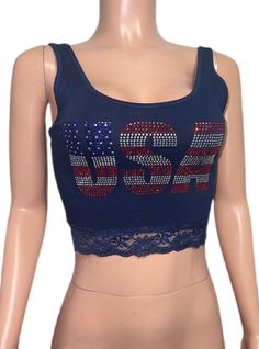 Sleeveless Crop Top With Rhinestones For Summer, Summer Stretch Crop Top With Rhinestones, Summer Stretch Tank Top With Rhinestones, Sleeveless Rhinestone Crop Top For Summer, Lace Trim Crop Top Tank Top, Fitted Rhinestone Tank Top, Rhinestone Crop Top, Patriotic White Tank Top With Flag Print, Patriotic Sleeveless Tank Top With Flag Print