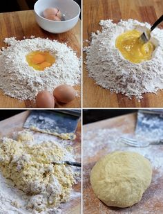 four pictures showing how to make bread dough with an egg in the center and flour on the bottom