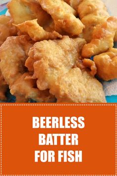 beer battered fish on a plate with text overlay that reads beer battered for fish