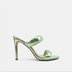 New In Box. Metallic Heel In Light Green. Black Studded Heels, Green High Heels, Black Gold Chain, Green Heels, Studded Heels, Metallic Heels, Square Toe Heels, Studded Sandals, Clear Heels