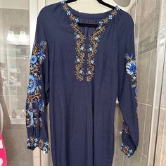 Brand New. Midi Blue Bohemian Embroidered Dress For Spring, Long Sleeve Blue Dress With Embroidered Neckline, Blue Long Sleeve Dress With Embroidered Neckline, Folk Style Embroidered Dress With Embroidered Sleeves For Spring, Spring Folk Embroidered Dress With Embroidered Sleeves, Blue Embroidered Dress With Embroidered Sleeves, Bohemian Long Sleeve Embroidered Blue Dress, Casual Blue Long-sleeved Embroidered Dress, Folk Style Embroidered Long Sleeve Dress