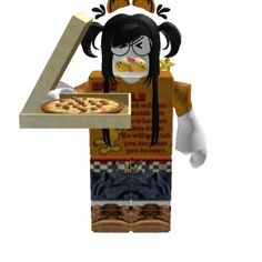 a lego figure holding a pizza box