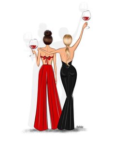 two women are holding wine glasses and looking at each other with their backs to the camera