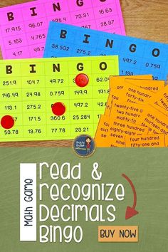 four colorful cards with the words read and recognize items that are being used in this game