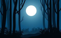 a full moon is seen through the trees in this dark blue night time scene with grass and bushes