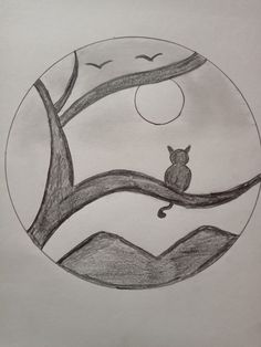 a drawing of a bird sitting on top of a tree branch in front of the moon