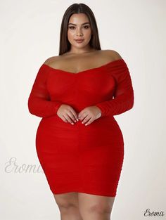 Eromis - Womens Plus Size Semi Sheer Bodycon Dress with Contrasting Mesh and High Rise, featuring a Solid V-Neck and Long Sleeves Sheer Bodycon Dress, Printed Casual Dresses, Curvy Girl Fashion, Plus Size Casual, V Neck Dress, Women Fashion, Collar Styles, Casual Dress, Girl Fashion